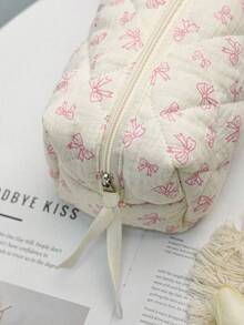 Cute Bow Knot Makeup Bag, Bow Knot Pattern Toiletry Bag, Travel Storage Zipper Pouch, Quilted Makeup Bag, Fashionable Foldable Commuter Makeup Brush Storage Bag, Aesthetic Makeup Bag - A - View 6