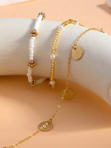 3pcs/Set Children Simple Kids Gold-Tone Circular Pendant Tassel Beaded Anklet For Suitable For Daily Wear And Vacation - Multicolor - View 5