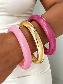 3/1pc Vintage Minimalist Casual Women's Round Plain Gold CCB And Pink Acrylic Bracelet, Suitable For Daily Wear And Summer Beach Vacation, Stackable, Perfect Holiday Gift Choice - Pink - View 1