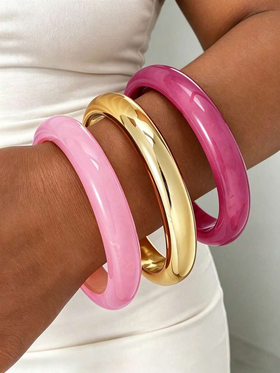 3/1pc Vintage Minimalist Casual Women's Round Plain Gold CCB And Pink Acrylic Bracelet, Suitable For Daily Wear And Summer Beach Vacation, Stackable, Perfect Holiday Gift Choice - Pink - View 1