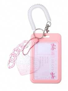 1pc Pink Glitter Heart Pendant ID Card Holder, Transparent Wrist Strap And Acrylic Chain, Creative Multi-Functional Card Holder, Suitable For Students Back To School, Office Badge, Bus Card, Campus Card, Keychain Gift - Pink - View 6