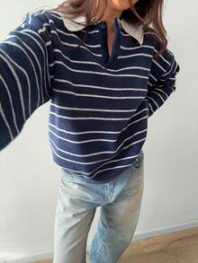 Hot Girl Retro College Striped Collared Button-Down Soft Knit Casual Sweater - Royal Blue - View 6