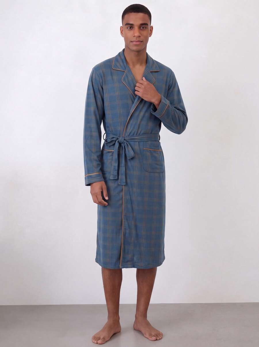Snug League 1 buah Jubah Santai Pria Lengan Panjang Musim Semi & Gugur, Bernapas dan Menyerap Keringat, Musim Gugur, Musim Dingin - Navy Blue - View 1