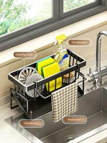 1 pieza Soporte para esponja de fregadero de cocina, organizador de fregadero con drenaje automático y bandeja desmontable para platos, soporte para cepillo dispensador de jabón, adecuado para baño, negro con asa, organizador de fregadero de cocina, soporte para esponja de cocina, soporte para jabonera de encimera, con soporte para colgar paños y secar, accesorios de fregadero, modelo nuevo 2026, estante de almacenamiento multifuncional de material plástico para cocina - Multicolor - Ver 7