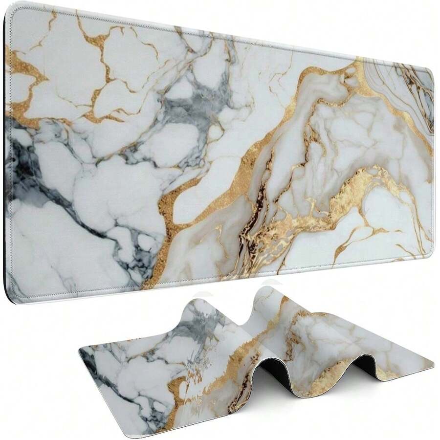 1pc White Gold Marble Extended Gaming Desk Mouse Pad, Non-Slip Rubber Base, Washable Durable Luxury Surface For PC Office, Perfect Gift For Gamers & Tech Professionals - Multicolor - View 1