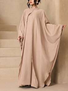 3pcs Set Women's Fashion Versatile Solid Color Broken Card Long Robe + Loose Abaya Cardigan Long Robe + Scarf Set, Soft Skin-Friendly Sun Protection Muslim Clothing Shawl - Khaki - View 1