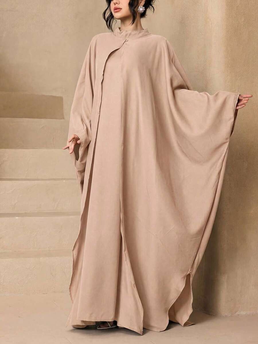 3pcs Set Women's Fashion Versatile Solid Color Broken Card Long Robe + Loose Abaya Cardigan Long Robe + Scarf Set, Soft Skin-Friendly Sun Protection Muslim Clothing Shawl - Khaki - View 1