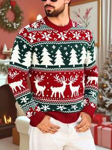 Christmas New Jacquard Vintage Reindeer Christmas Tree Snowflake Knit Crew Neck Sweater - Red - View 2