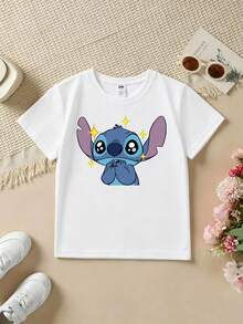 Camiseta doble de ocio para niña, camiseta blanca de manga corta con lindo estampado de Stitch de Disney, corte holgado para niños, ideal para salidas diarias y fiestas - Blanco - Ver 2