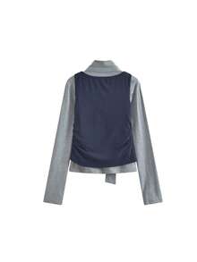 Korean Style Ribbon Long Sleeve T-Shirt & Fitted Camisole Top 2-Piece Set For Women - Grey - View 6