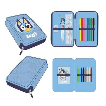 Cerdá Bluey Unisex Children's Pencil Case With Accessories - 2-Compartment Zippered Pencil Case, Durable Polyester, Blue, Officially Licensed, For School And Back To School