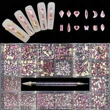 Nail Art Flat Back Rhinestone Kit - 2100pcs Round Rhinestones & 600pcs Flat Rhinestones With 1pc Rhinestone Picker Pencil And Storage Box - Perfect For Nail Art Diy Decoration - 淺粉色 - 查看 4