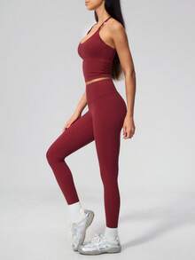 NcmRyu Women's One Set Solid Color Halter Tie U-Neck Backless Cropped Tank Top High Waist Ankle Pants Sports Set - Red - View 10