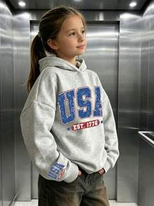 Tween Girl 1pc Thermal Lined Thick Warm Hooded Sweatshirt, Young Student Children's Clothing, Suitable For ' Autumn/Winter Long Sleeve Top - Grey - View 3