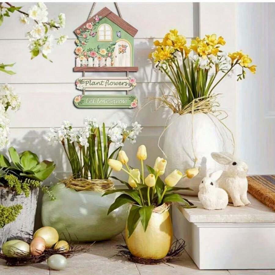 2D 3-Piece Plant & Floral Wooden House Pattern Wall Decor, Rustic Farmhouse Style Wooden Plaque, Colorful Butterfly Wall Decoration, Suitable For Outdoor Spring Art Wall Decor, Can Be Used For 11 Holidays - A - View 1