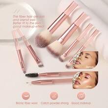 8 Peças Conjunto de Pincéis de Maquiagem Rosa Dourado, Cerdas Sintéticas Macias Premium, Pincéis de Maquiagem para Rosto & Olhos para Pó, Base, Blush, Sombra, Sobrancelha & Corretivo, Kit de Maquiagem Completo para Iniciantes - Multicolorido - Visão 6