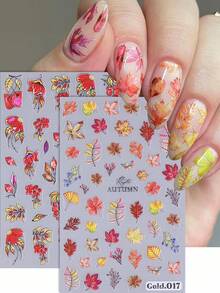 2pcs Fall Nail Stickers 3D Self Adhesive Autumn Nail Decals Watercolor Maple Ginkgo Leaf Red Berry Cherry Floral Rustic Autumn Text Thin Transparent Sliders Warm Harvest Nail Art Decor For Thanksgiving DIY Salon Home Manicure Accessories Tools - Multicolor - View 1
