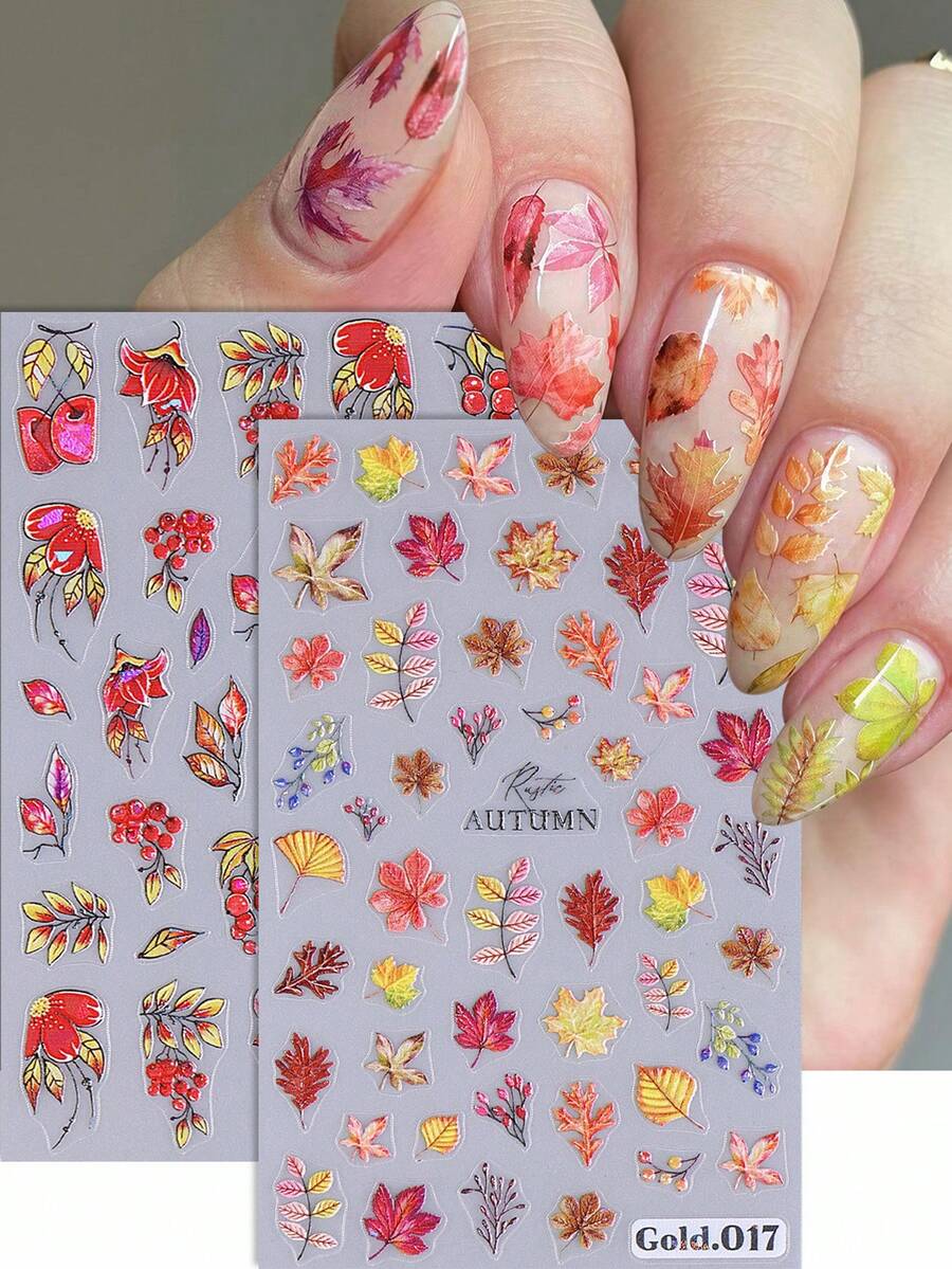 2pcs Fall Nail Stickers 3D Self Adhesive Autumn Nail Decals Watercolor Maple Ginkgo Leaf Red Berry Cherry Floral Rustic Autumn Text Thin Transparent Sliders Warm Harvest Nail Art Decor For Thanksgiving DIY Salon Home Manicure Accessories Tools - Multicolor - View 1