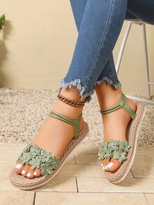 1 Pair Floral Print Beach PU Leather Flower Embroidery Flat Sandals Summer Elastic Adjustable - Green - View 3