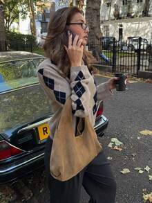 Women's Casual College Style Short Argyle Knit Cardigan, Long Sleeve Round Neck Sweater, Suitable For Winter Wear, Wool Blend Fall - Gray Khaki - View 4