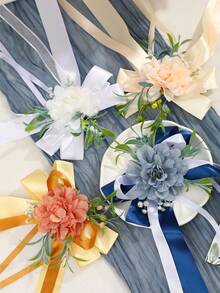 Multi-Colored Wedding Car Decoration, Featuring Simulated Broken Peony Bowknots Paired With Long Satin Ribbons, Elegant Rearview Mirror Floral Decorations, And Wedding Ceremony Supplies - 1PC - View 12