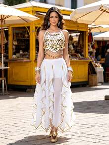 Bohemian Belly Dance Coin Sequin Halter Top, Side Slit Flowy Chiffon Wide Leg Pants For Market, Festival Carnival, Travel Photoshoot And Themed Event - Multicolor - View 19