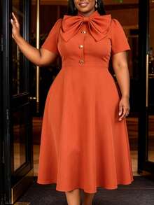 Plus Size Orange Bow Front Midi Dress Women Puff Short Sleeves Button Decoration A Line Elegant Vintage Church Vacation Summer Wedding Guest Dresses - Red - View 5