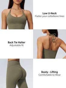 NcmRyu Women's One Set Solid Color Halter Tie U-Neck Backless Cropped Tank Top High Waist Ankle Pants Sports Set - Green - View 4
