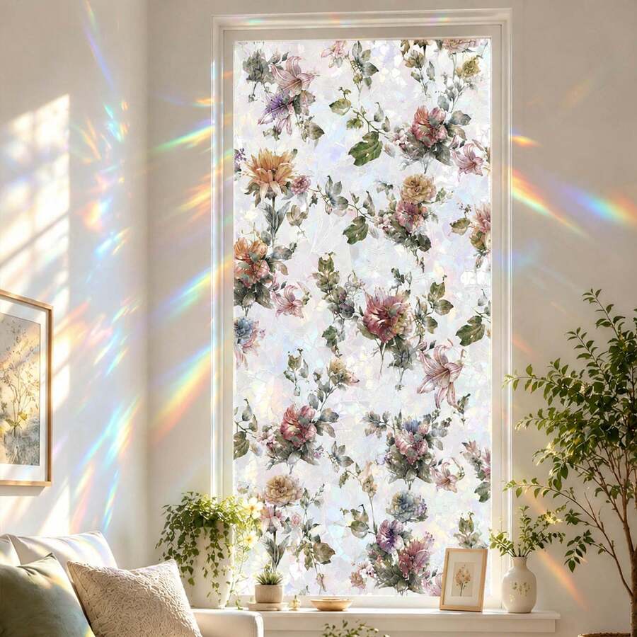 3D Rainbow Privacy Window Film | Floral Painted Glass Window Sticker, Static Cling No Glue Heat Control UV Protection Vinyl, Kitchen Bathroom Home Office Decor Glass Sticker - Vintage Floral Window Decal - View 1