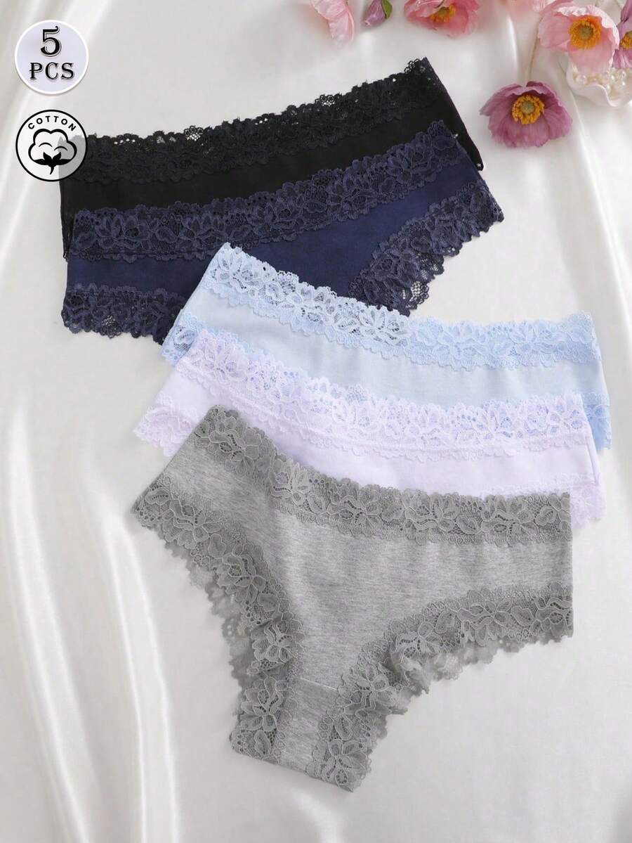 5件組純色蕾絲飾邊條紋三角內褲 性感透氣女款內衣 - 彩色 - 查看 1