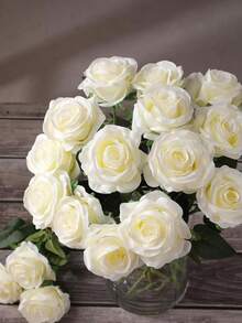 1PC Artificial Rose Bouquet, Realistic Silk Fake Roses With Long Stem, Faux Flower Arrangement For Autumn Home Decor, Bridal Shower, Thanksgiving Party Table Centerpiece, Indoor Vase Decoration, Fall Holiday Floral Ornament - White - View 4