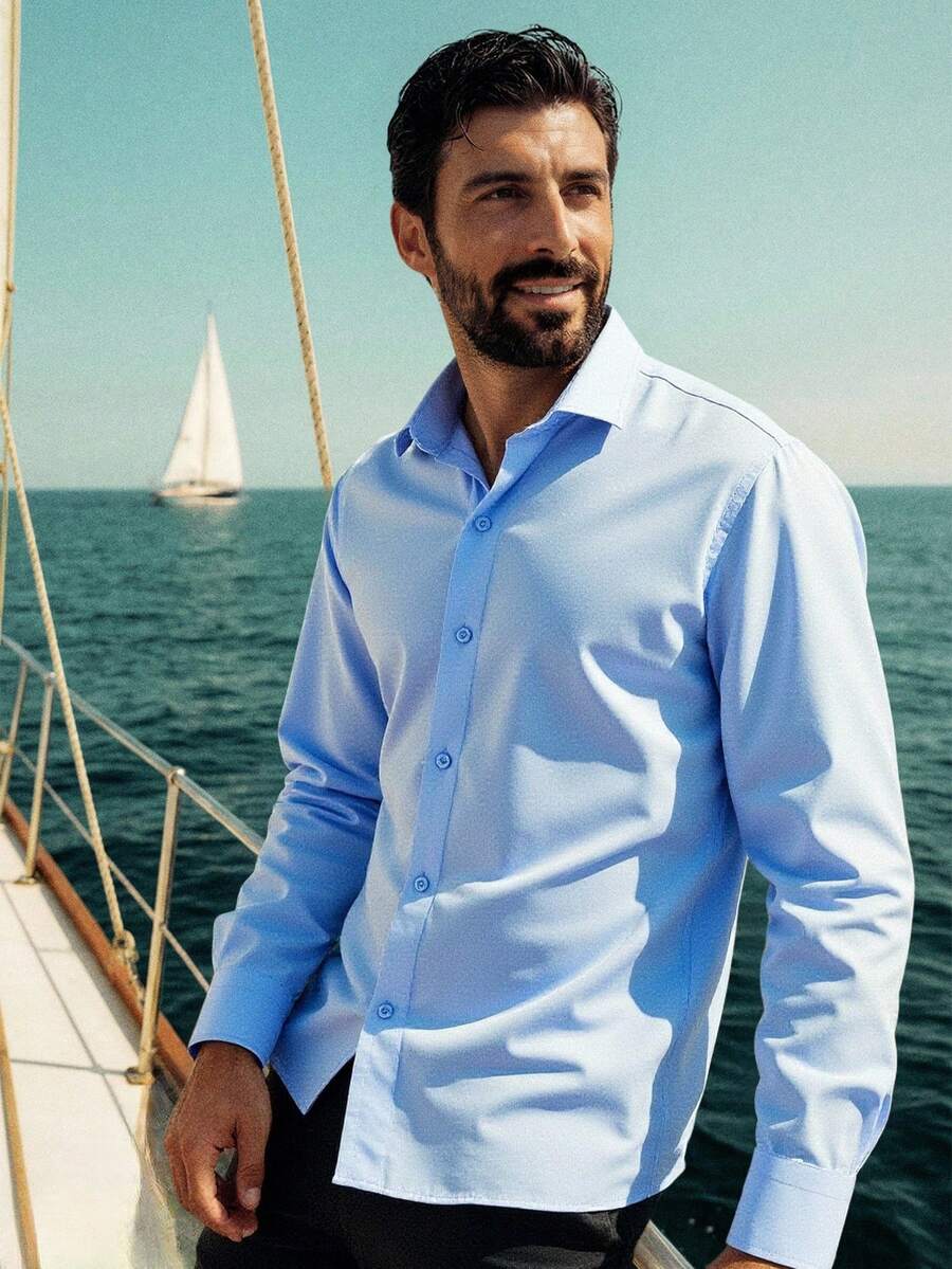 Men's Solid Color Long Sleeve Single-Breasted Casual Dress Shirt - Blue - View 1