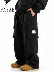 男士秋季休閒運動多口袋工裝褲，時尚極簡戶外運動長褲 黑色 - 黑色 - 查看 2