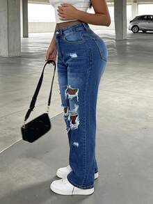 Celana Jeans Denim Kasual Wanita dengan Saku, Gaya Minimalis Eropa dan Amerika, Model Lurus dengan Efek Usang dan Pudar - Dark Wash - View 5