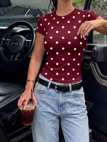 酒紅色波點女款圓領修身彈性短袖短版T恤，夏季休閒外出Y2K時尚上衣 - 酒紅色 - 查看 6