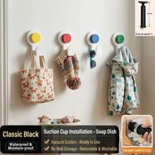 KOEMO 4 Hooks, Vacuum Suction Cup Hooks, Strong Traceless Hooks, No‑Drilling Design, Reusable And Detachable, Stable Load‑Bearing And Not Easy To Fall Off. Multifunctional Storage And Decorative Hooks, Suitable For Smooth Walls In Bathrooms And Bedrooms. - Yellow/Green/Red/Blue (4 Color Hooks) + Air Pump *1 - View 8