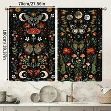 2pcs Bohemian Vintage Moon Phase Butterfly Mushroom Pattern Printed Semi-Sheer Curtains, 90GSM Polyester Semi-Sheer Privacy Protection, Easy Installation, Quick Dry, Washable, Non-Fading, Lightweight Removable Curtains, Suitable For Home, Room, Kitchen And Other Partitions Or Decoration - Multicolor - View 14