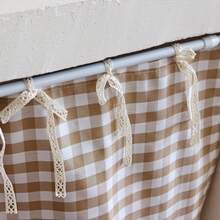 1pc Khaki & White Plaid Oven Curtain, 100% Polyester Yarn Dyed Fabric With Lace Tie Top And Ruffle Hem, Short Kitchen Tier Curtain, Oil-Resistant Decorative Cover, Suitable For Stove, Oven, Open Cabinet And Small Window, Farmhouse Home Decor (Rod Not Included) - Khaki - View 8