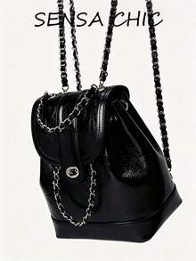 Black Shiny Bucket Backpack, Adjustable Interwoven Chain Straps Multi-Way Wear Crossbody Bag With Flap Pocket For Women Daily Commute - Black - View 1