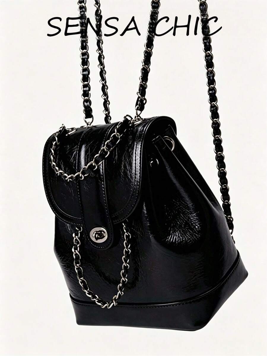 Black Shiny Bucket Backpack, Adjustable Interwoven Chain Straps Multi-Way Wear Crossbody Bag With Flap Pocket For Women Daily Commute - Black - View 1