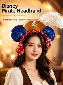 Serre-tête Oreilles de Mickey Pirate Disney, Chapeau Crâne à Paillettes Bleues avec Plume Blanche et Écharpe à Pois, Accessoire de Coiffure Costume de Fête de Cosplay Halloween - A - Voir 6