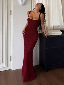 Chic Sleeveless Knitted Cami Dress For Women Burgundy Elegant Bodycon Long Gown With Split And Mermaid Hem, Perfect Party & Formal Attire Summer Dress - Burgundy - View 4