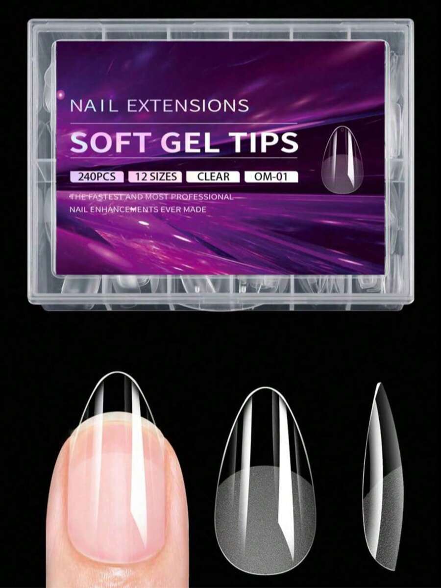 240pcs Soft Gel Nail Tips, Semi-Matte Full Coverage Fake Nails M Size Almond French Style Thin Front Thick Back More Fit And Secure Peelable Gel Extension Nail Capsules Nail Art Supplies Suitable For Girls And Women Nail DIY - Clear - View 1