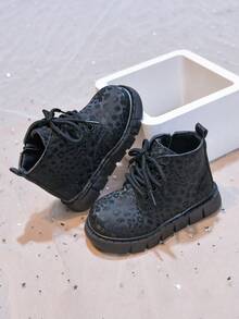 Girls' Stylish Leopard Print Ankle Boots, Autumn/Winter New Single Layer Leather Boots, Versatile Boots For Kids, Boys' Leather Boots - Black - View 4