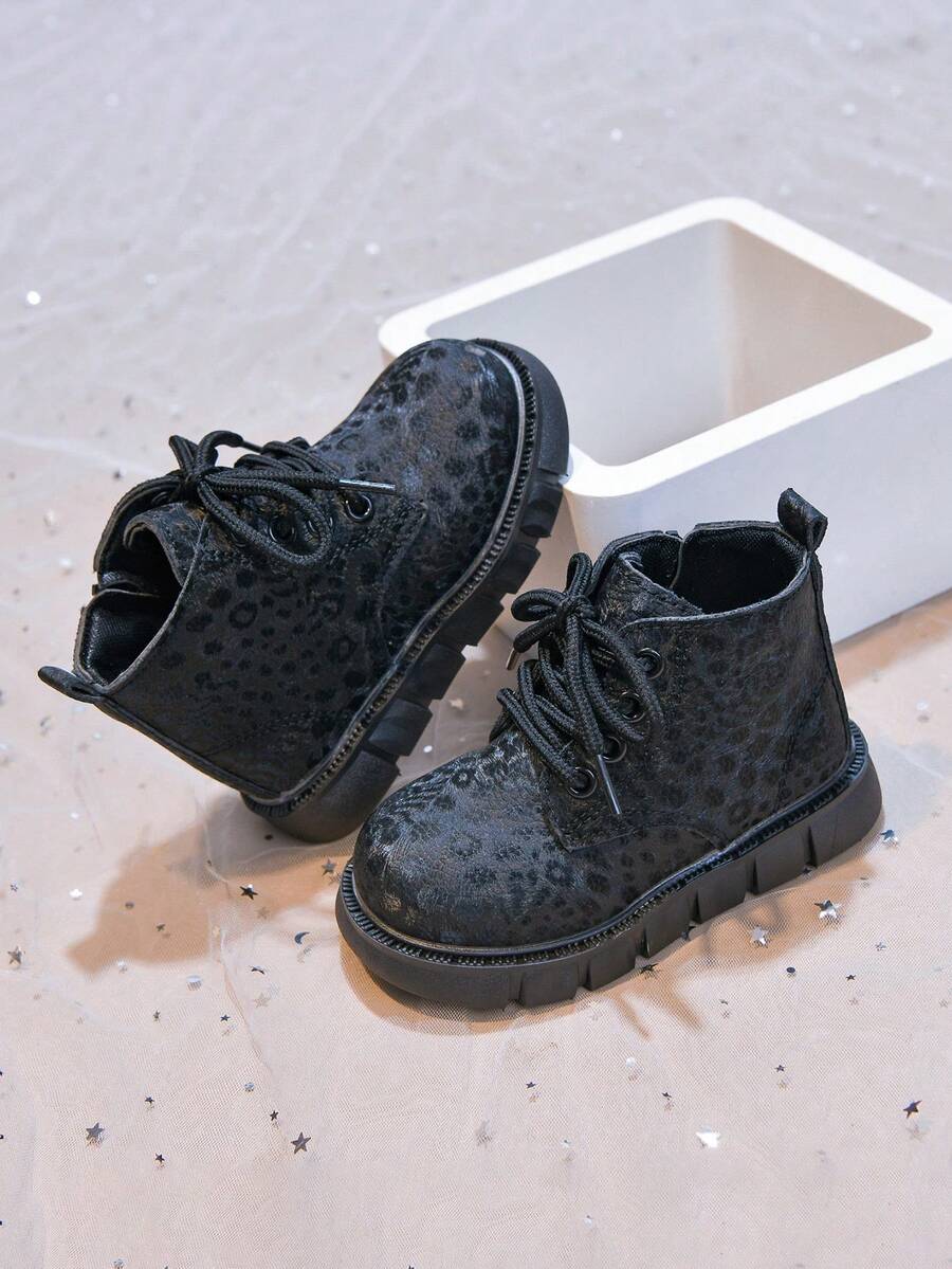 Girls' Stylish Leopard Print Ankle Boots, Autumn/Winter New Single Layer Leather Boots, Versatile Boots For Kids, Boys' Leather Boots - Black - View 1