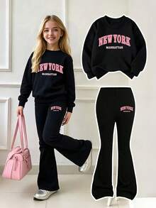 Girls' Simple Fashion Letter Print Black Top And Black Pants Sports Set, Autumn/Winter - Black - View 1