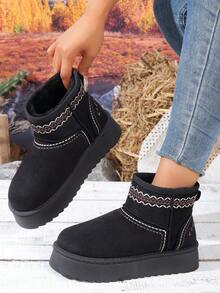 Women's Snow Boots, Anti-Slip Wear-Resistant Suede Embroidery Pattern Round Toe Short Shaft Thick Sole Snow Boots, Casual Bohemian Style, Autumn/Winter Camping Dating Home Outing Boots - Black - View 2