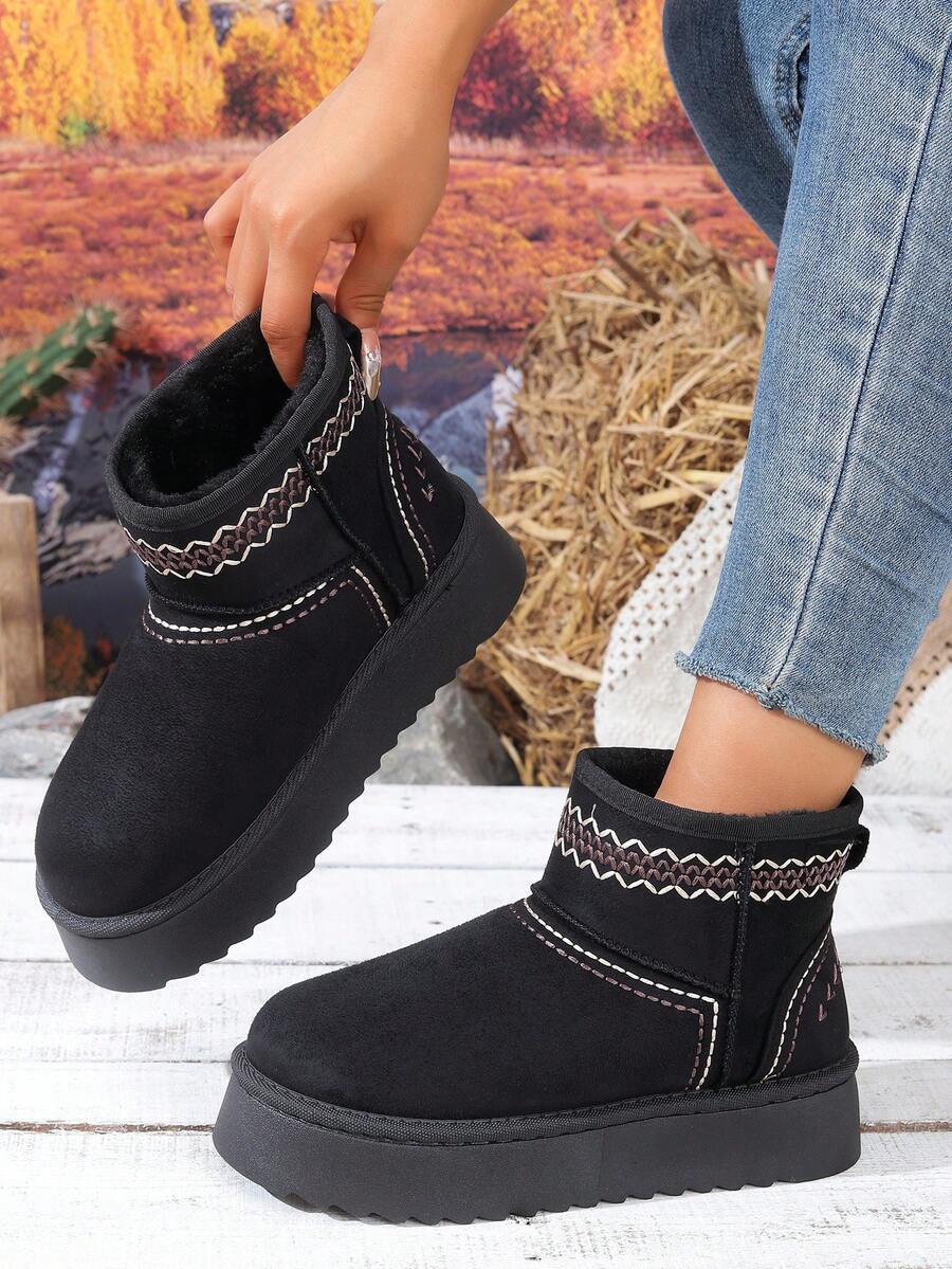 Women's Snow Boots, Anti-Slip Wear-Resistant Suede Embroidery Pattern Round Toe Short Shaft Thick Sole Snow Boots, Casual Bohemian Style, Autumn/Winter Camping Dating Home Outing Boots