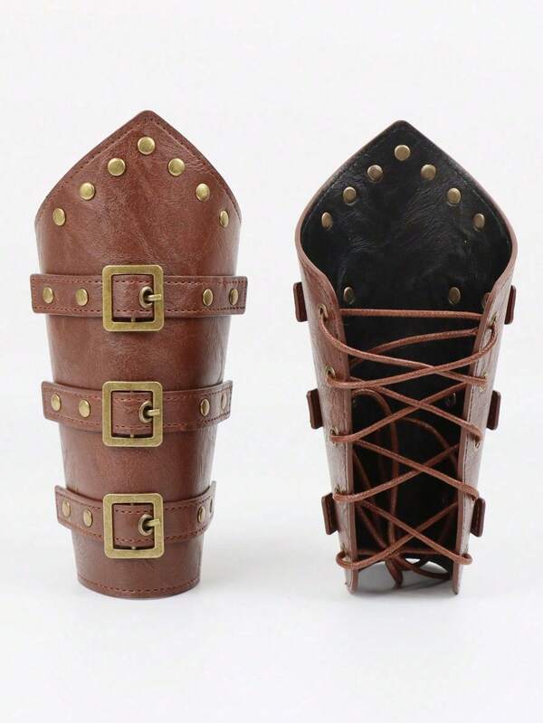 2pcs Medieval Style Leather Bracers Men's Roleplay Costume Wrist Guards Unisex Party Props Vintage Accessories