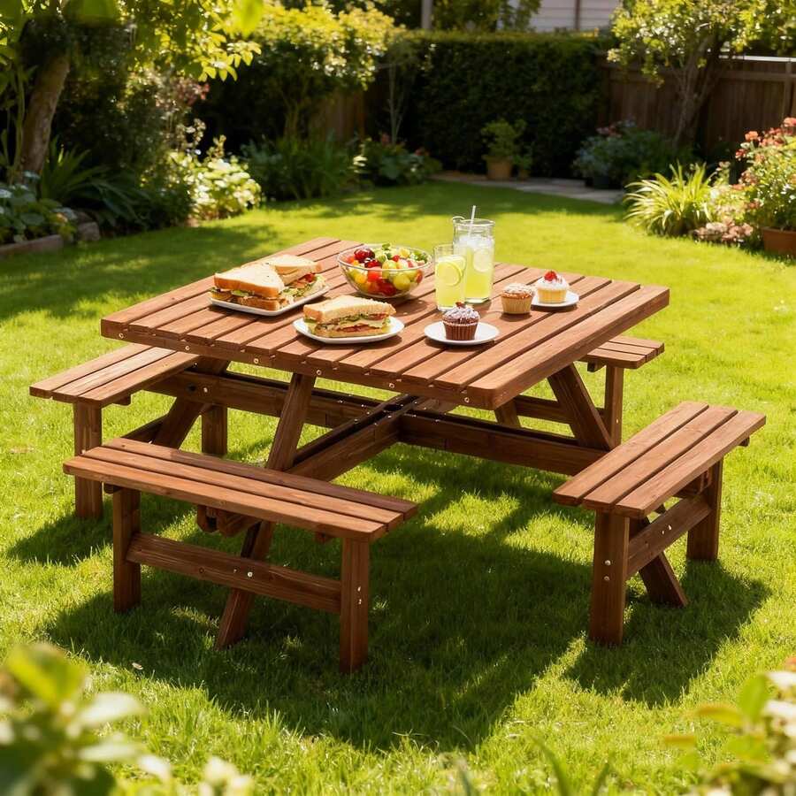 4-8 Person Square Wooden Picnic Table Bench Set, Outdoor Picnic Table With Umbrella Hole And Benches, Outside Dining Table Patio Furniture Set For Garden Backyard Porch And Deck - Multicolor - View 1